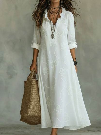 Lilou | Vestido Retro de corte trapezoidal con flores y cuello con volantes para Mujer de Verano