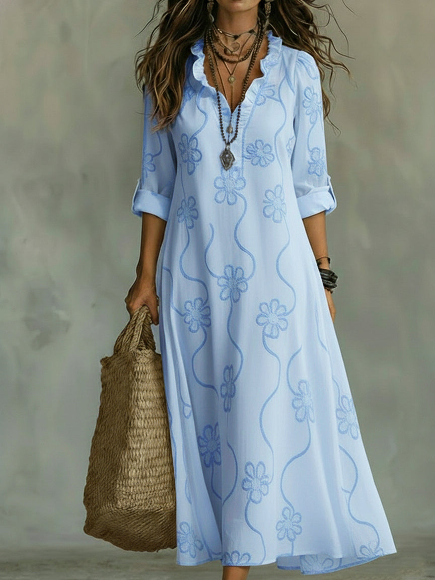 Lilou | Vestido Retro de corte trapezoidal con flores y cuello con volantes para Mujer de Verano