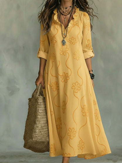 Lilou | Vestido Retro de corte trapezoidal con flores y cuello con volantes para Mujer de Verano