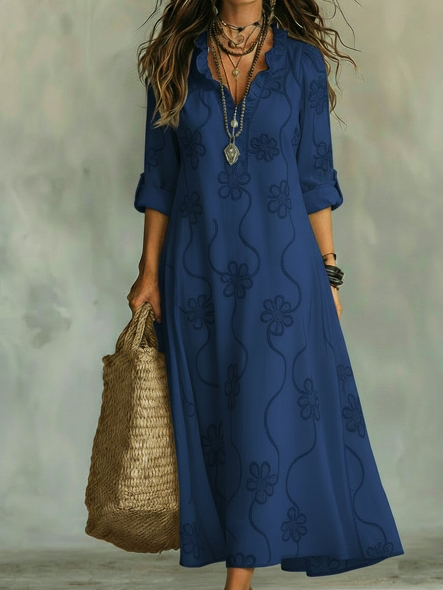 Lilou | Vestido Retro de corte trapezoidal con flores y cuello con volantes para Mujer de Verano