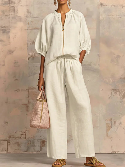 Conjunto de Camisa y Pantalón Pernera Ancha | Estilo Relajado de Lino