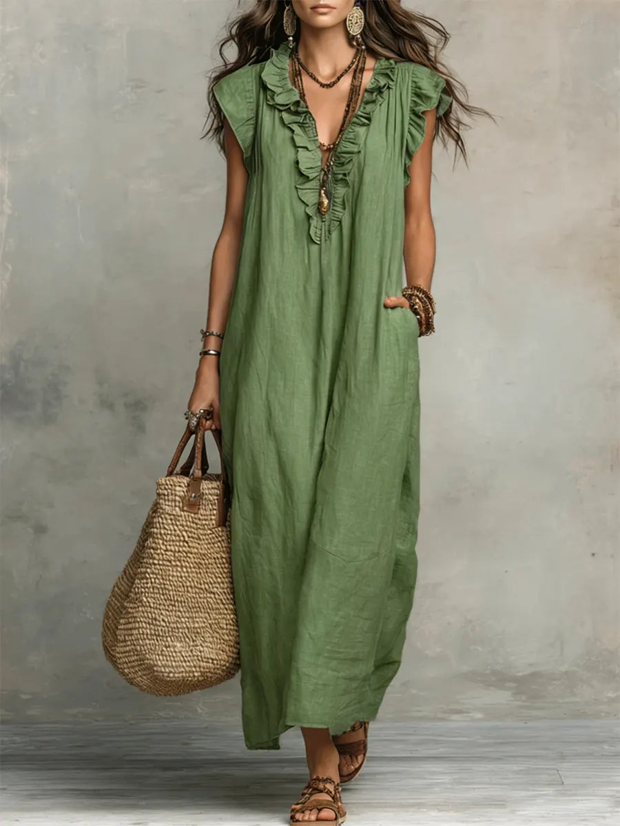 Vestido Largo Bohemio En Lino Para Mujer - Estilo Natural