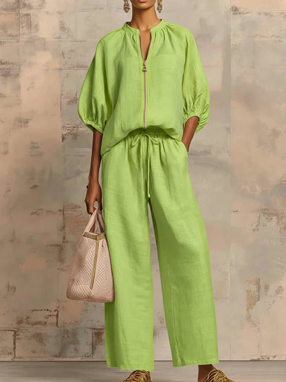 Conjunto de Camisa y Pantalón Pernera Ancha | Estilo Relajado de Lino