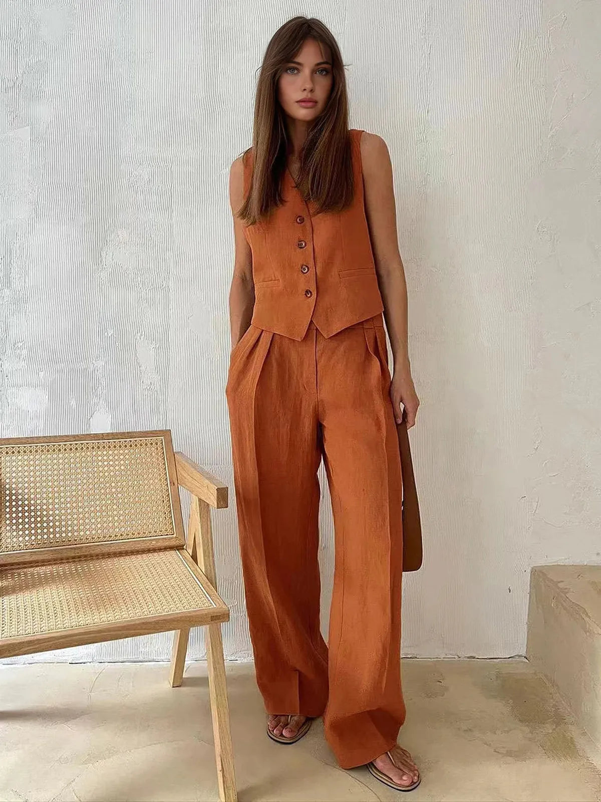 Ottoline | Women's Waistcoat Wide Leg Pants Two Piece Set - Brown - Image 3