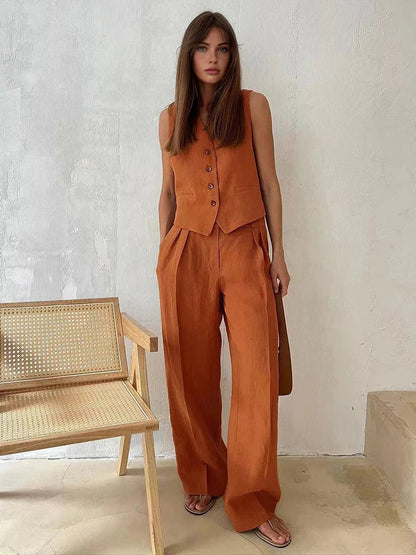 Ottoline | Women's Waistcoat Wide Leg Pants Two Piece Set - Brown - Image 3