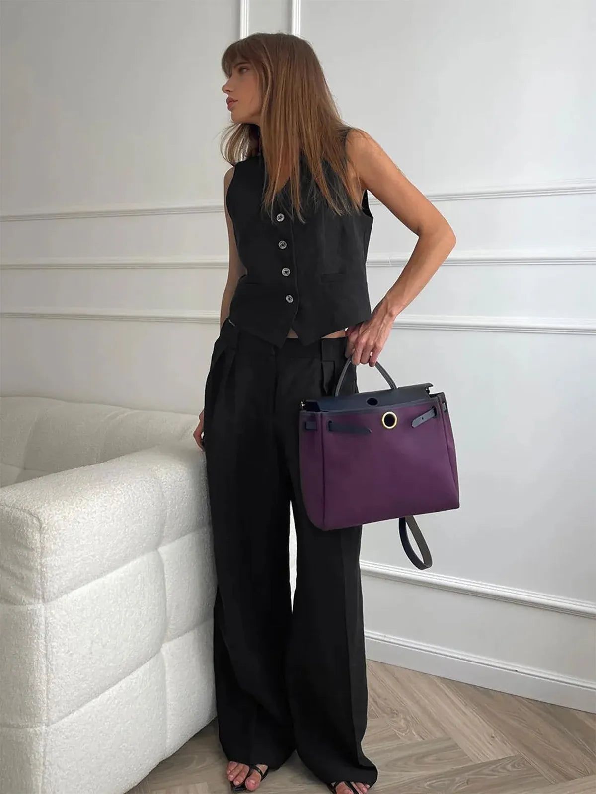 Ottoline | Women's Waistcoat Wide Leg Pants Two Piece Set - Brown - Image 9