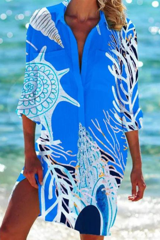 Paloma | Women's Printed Button Down Beach Cover Up - Blue - Image 8