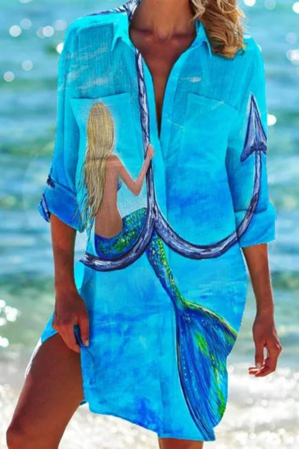 Paloma | Women's Printed Button Down Beach Cover Up - Blue - Image 10
