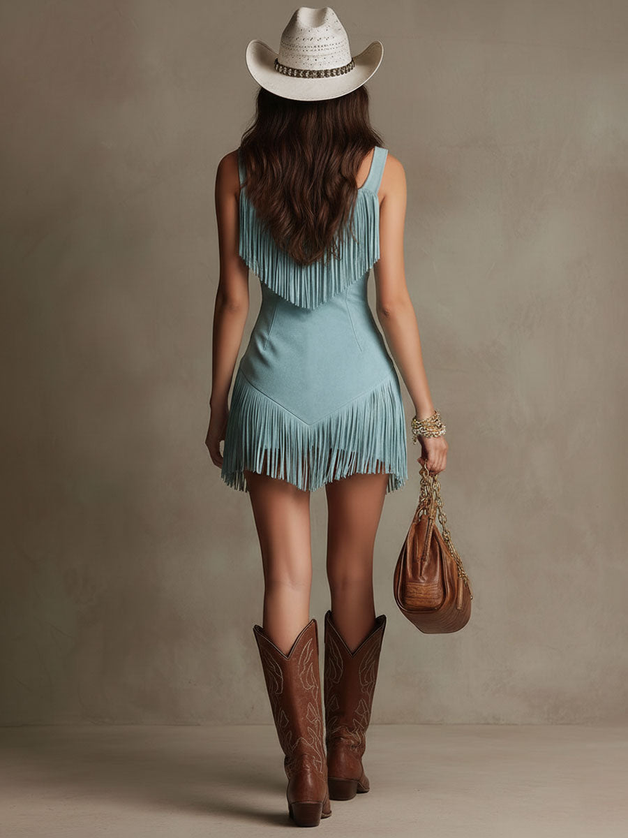 Mini Vestido con Flecos y Corte sin Mangas para Brunches