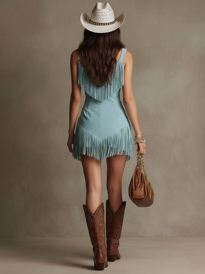 Mini Vestido con Flecos y Corte sin Mangas para Brunches