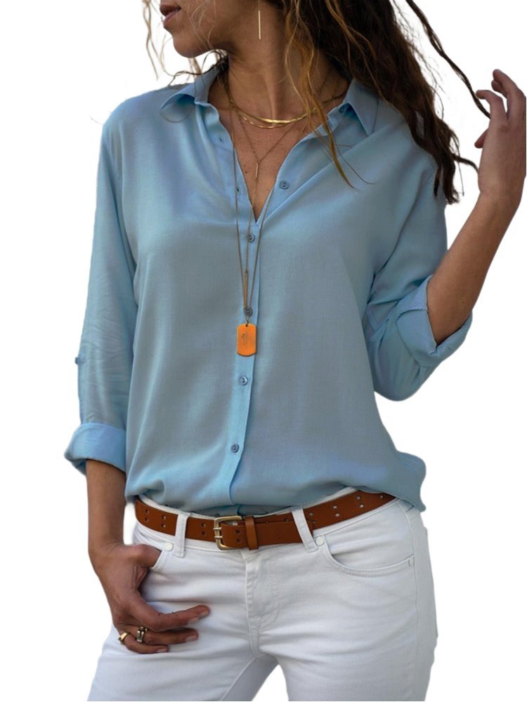 Penelope | Women's Button Down Long Sleeve Shirt - Light Blue - Image 8