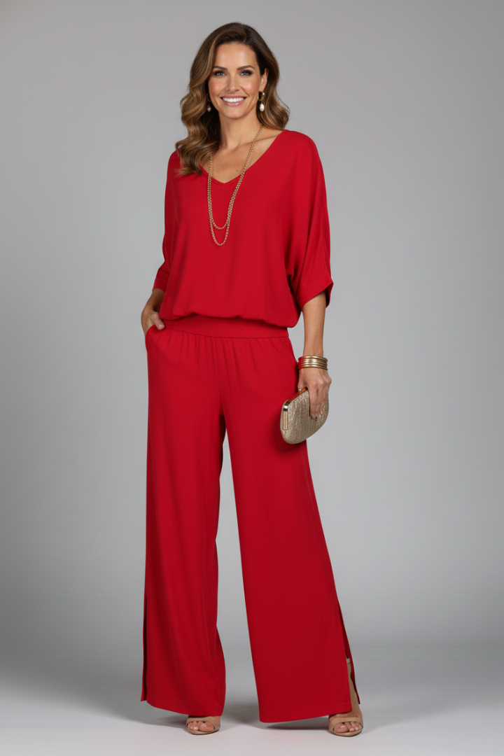 Conjunto de cuello en V y pierna ancha para mujer - Elegancia veraniega