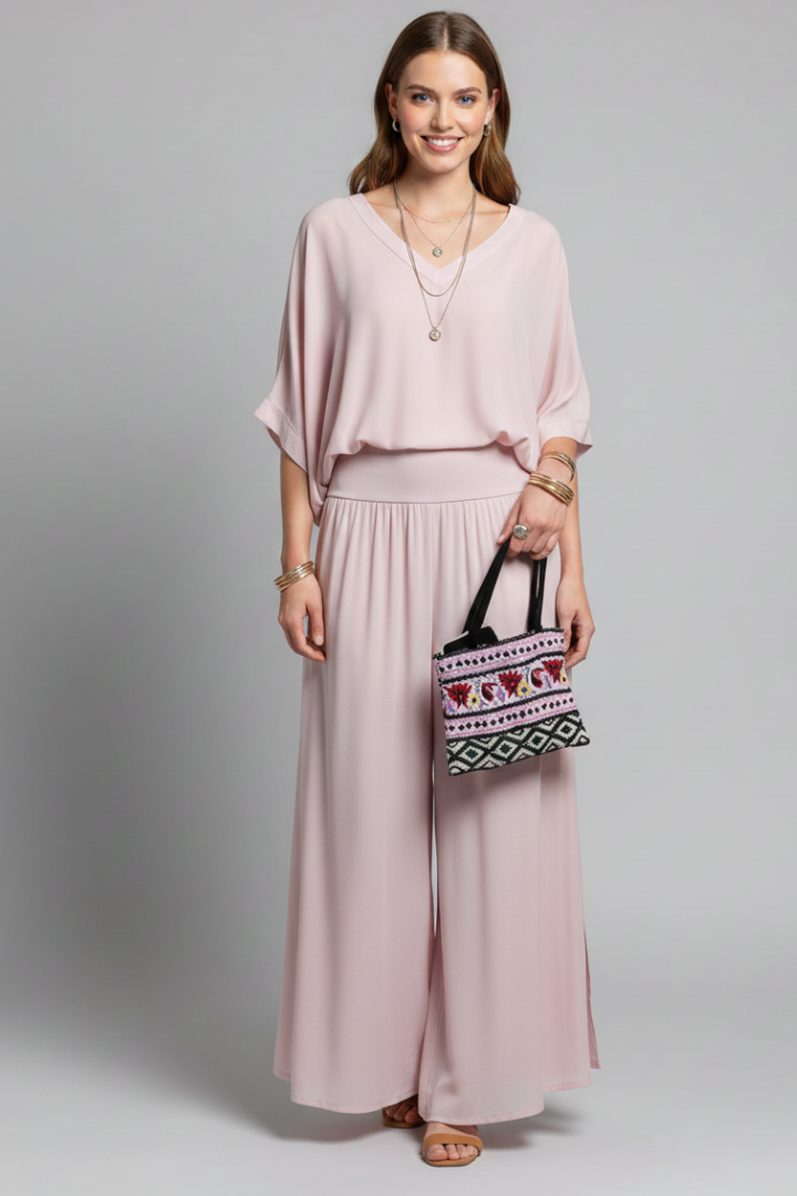 Conjunto de cuello en V y pierna ancha para mujer - Elegancia veraniega