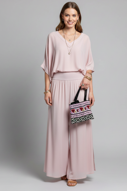 Conjunto de cuello en V y pierna ancha para mujer - Elegancia veraniega