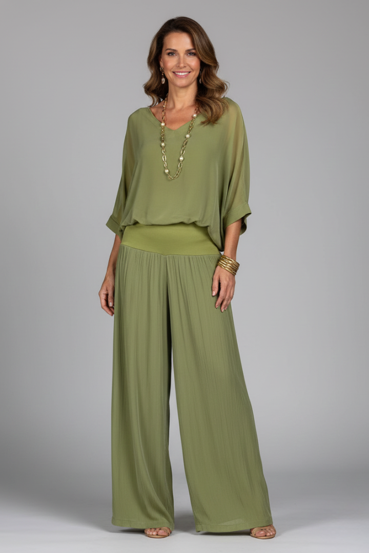 Penelope | Women's V-Neck Wide Leg Set - Green - Image 6