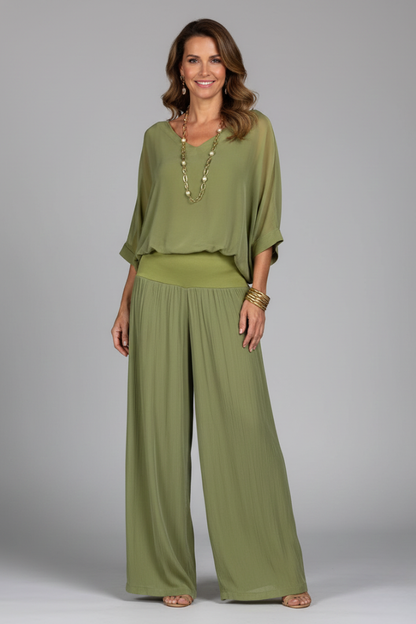 Penelope | Women's V-Neck Wide Leg Set - Green - Image 6