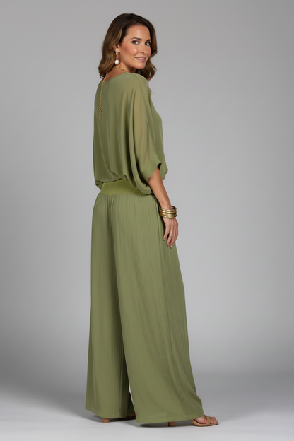 Conjunto de cuello en V y pierna ancha para mujer - Elegancia veraniega
