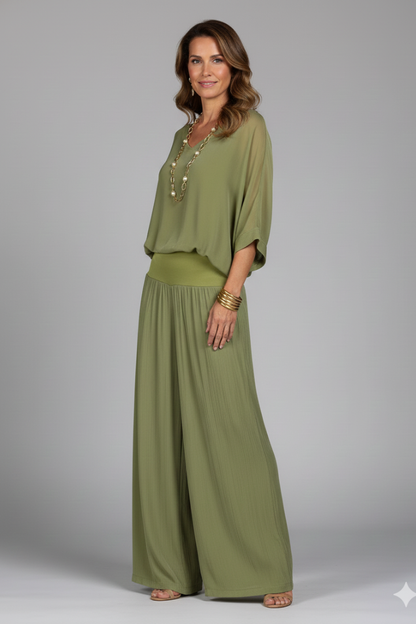 Conjunto de cuello en V y pierna ancha para mujer - Elegancia veraniega