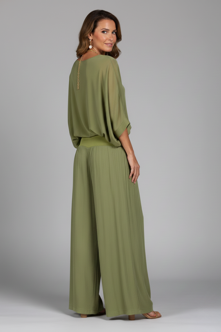 Conjunto de cuello en V y pierna ancha para mujer - Elegancia veraniega
