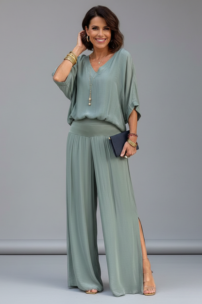 Conjunto de cuello en V y pierna ancha para mujer - Elegancia veraniega