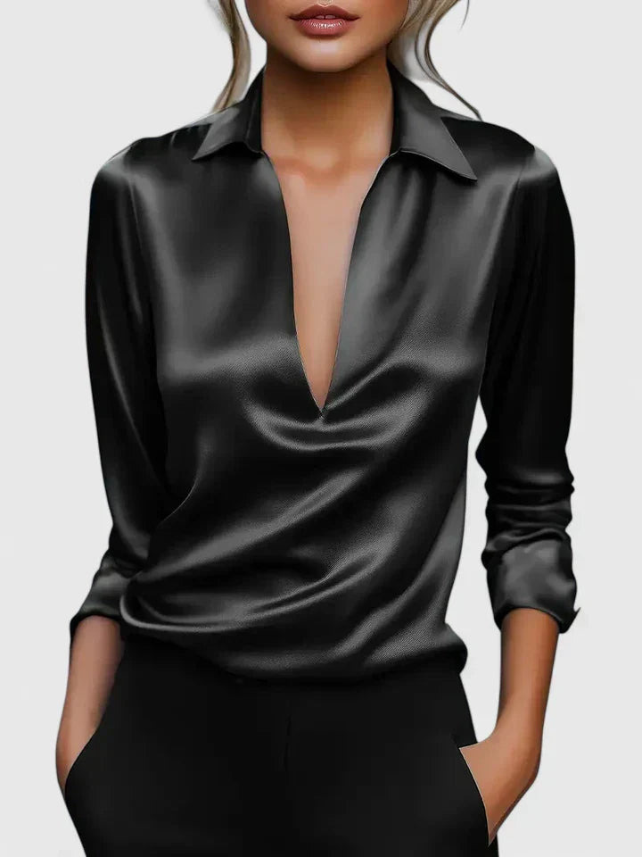 Blusa de vestir con cuello drapeado y manga larga