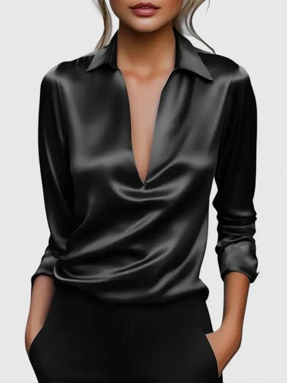 Blusa de vestir con cuello drapeado y manga larga
