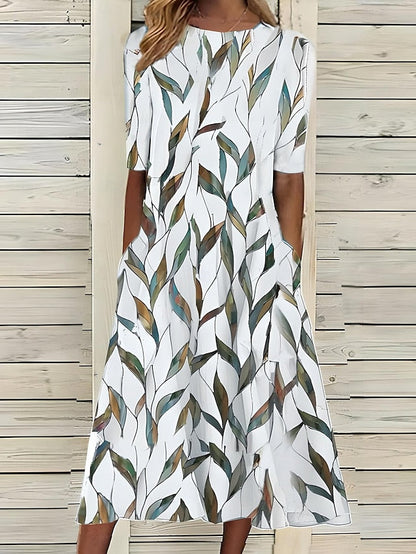 Vestido midi veraniego con flores costeras y cuello redondo para mujer, ligero y elegante