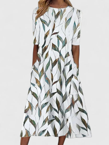 Elegante vestido midi con estampado floral azul para mujer, con mangas cortas, cintura ajustada y falda fluida