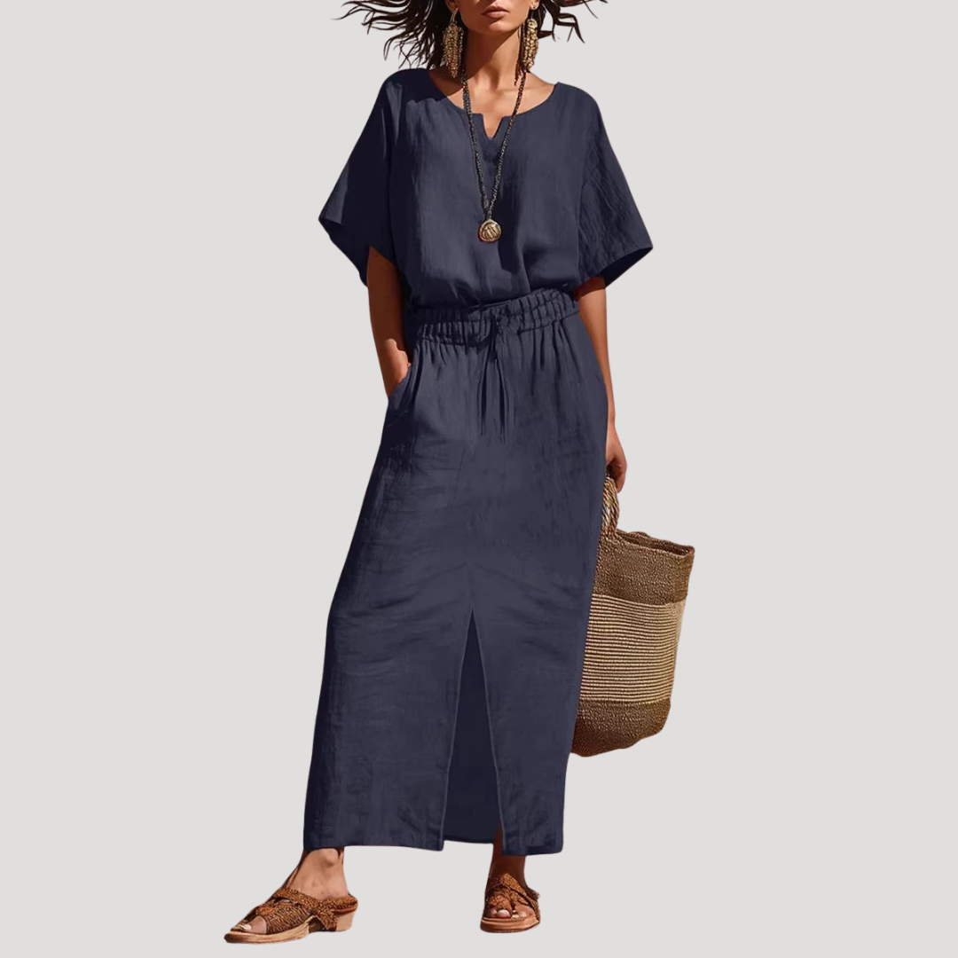Raina | Women's Short Sleeve V Neck Two Piece Midi Set - Navy - Image 1