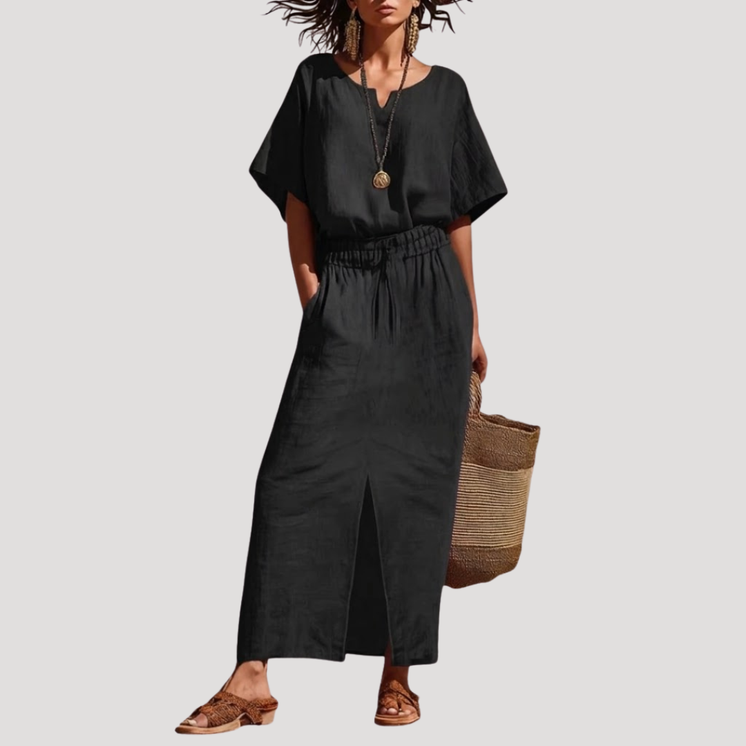 Raina | Women's Short Sleeve V Neck Two Piece Midi Set - Navy - Image 5