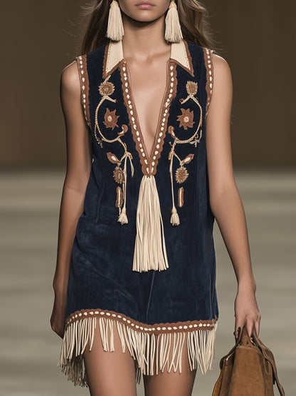 Raven | Women's Embroidered Bohemian Mini Dress - Navy - Image 6