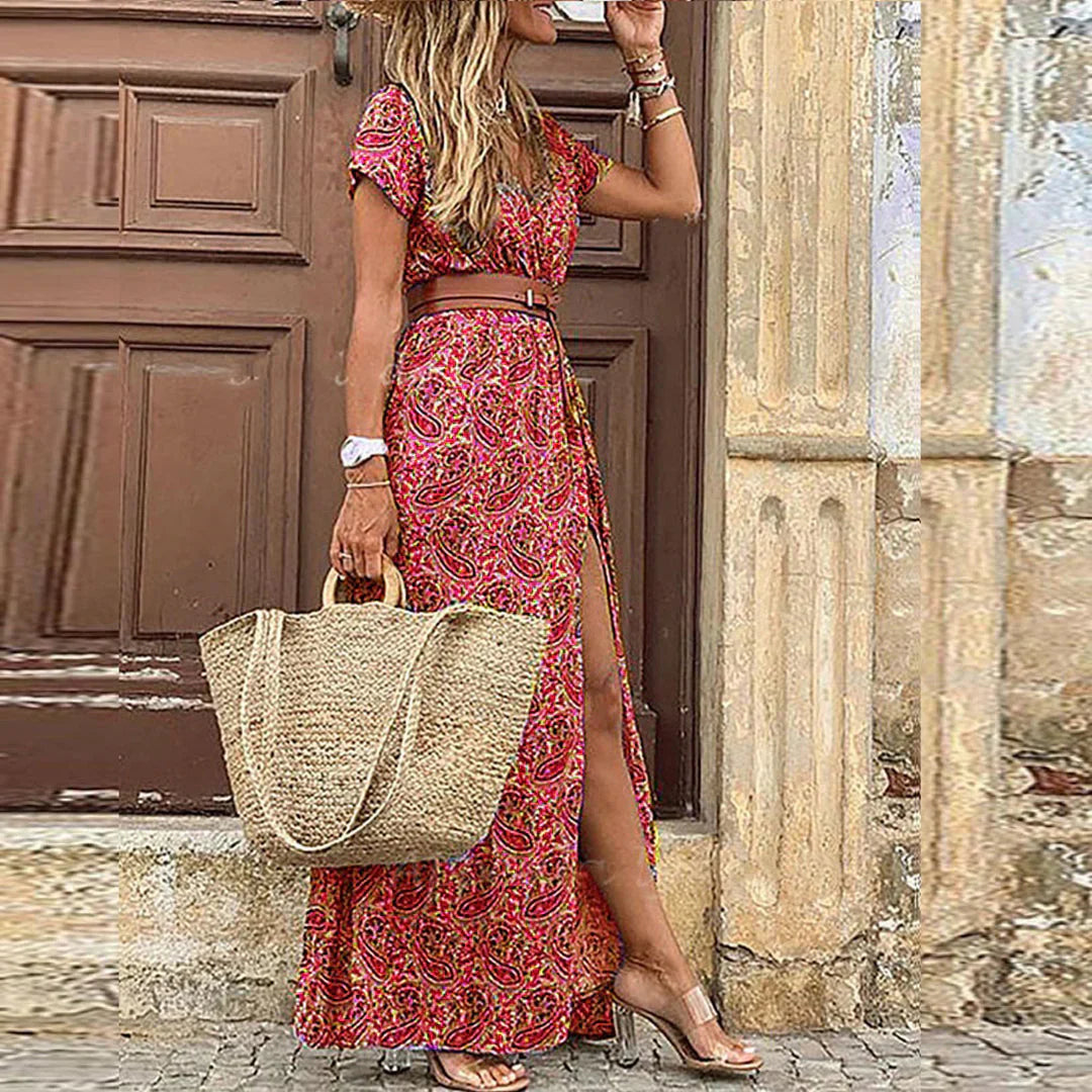 Justine | Vestido Maxi Boho Elegante con Cinturón para Mujer