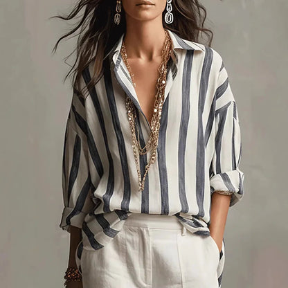 Romilda | Women's Striped Collared Long Sleeve Blouse - Striped - Image 3