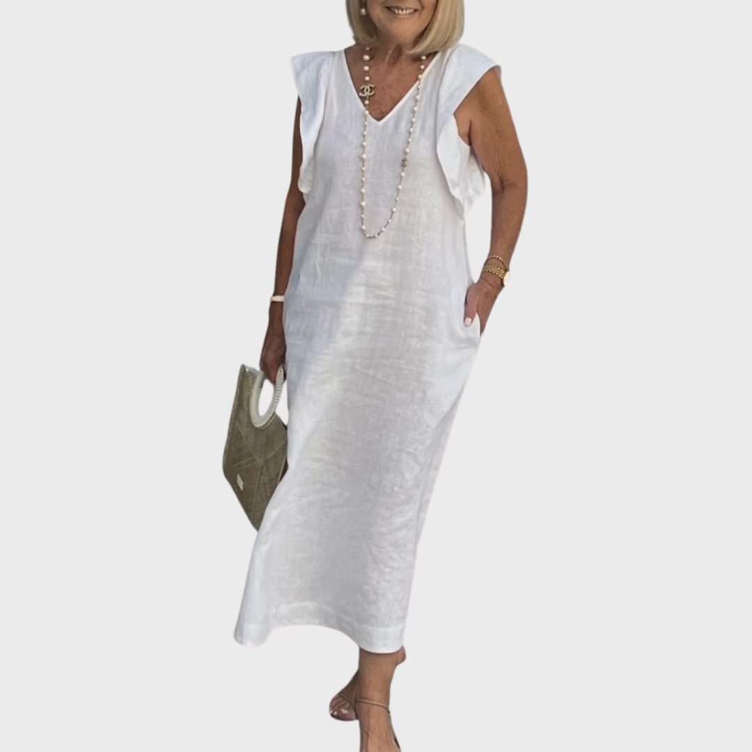 Rosalinda | Women's V-Neck Sleeveless Pocket Maxi Dress - White - Image 6