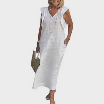 Rosalinda | Women's V-Neck Sleeveless Pocket Maxi Dress - White - Image 6