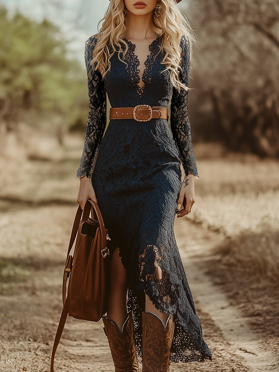 Rosemary | Women's Long Sleeve V Neck Lace Midi Dress - Navy - Image 6