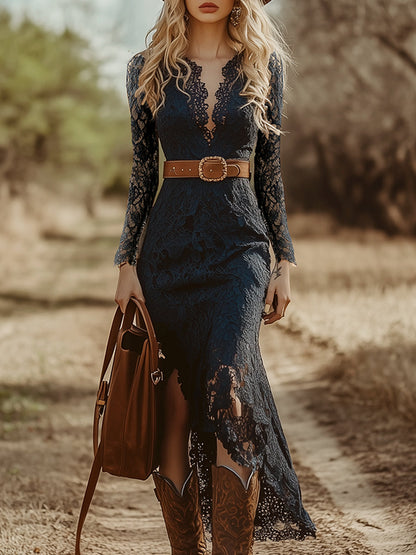 Rosemary | Women's Long Sleeve V Neck Lace Midi Dress - Navy - Image 6