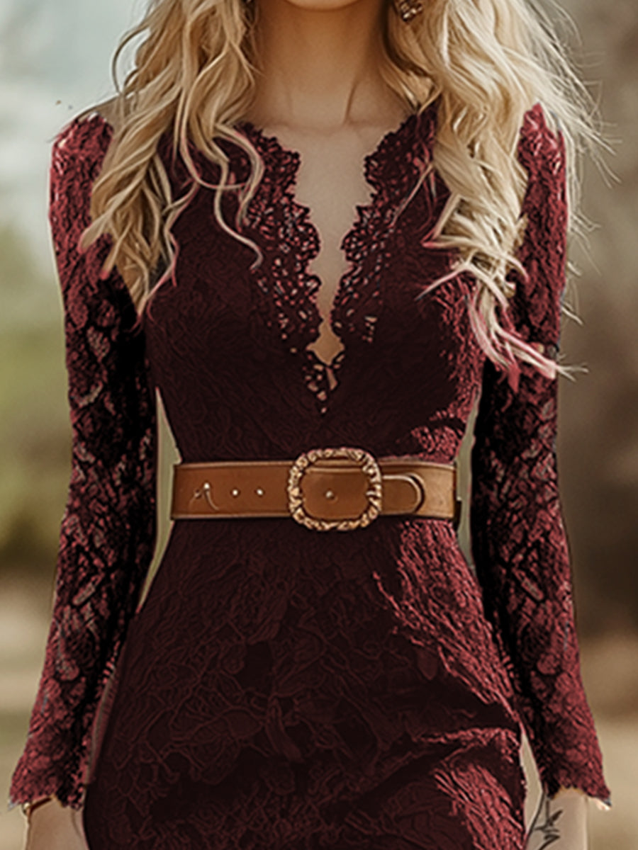 Vestido Midi Encaje Cuello V Manga Larga