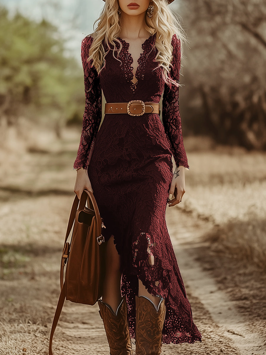 Rosemary | Women's Long Sleeve V Neck Lace Midi Dress - Navy - Image 12