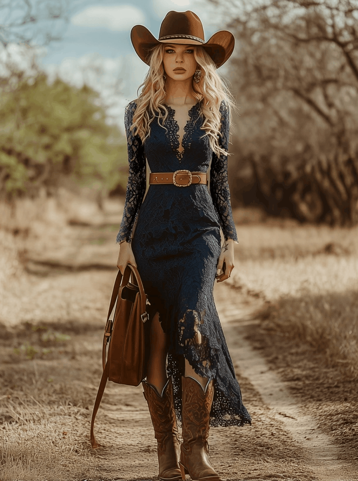 Vestido Midi Encaje Cuello V Manga Larga