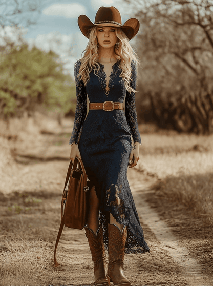 Vestido Midi Encaje Cuello V Manga Larga