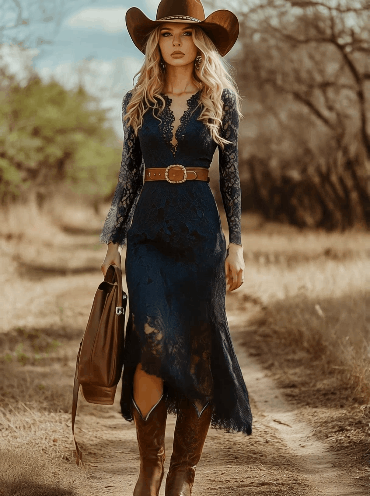 Vestido Midi Encaje Cuello V Manga Larga