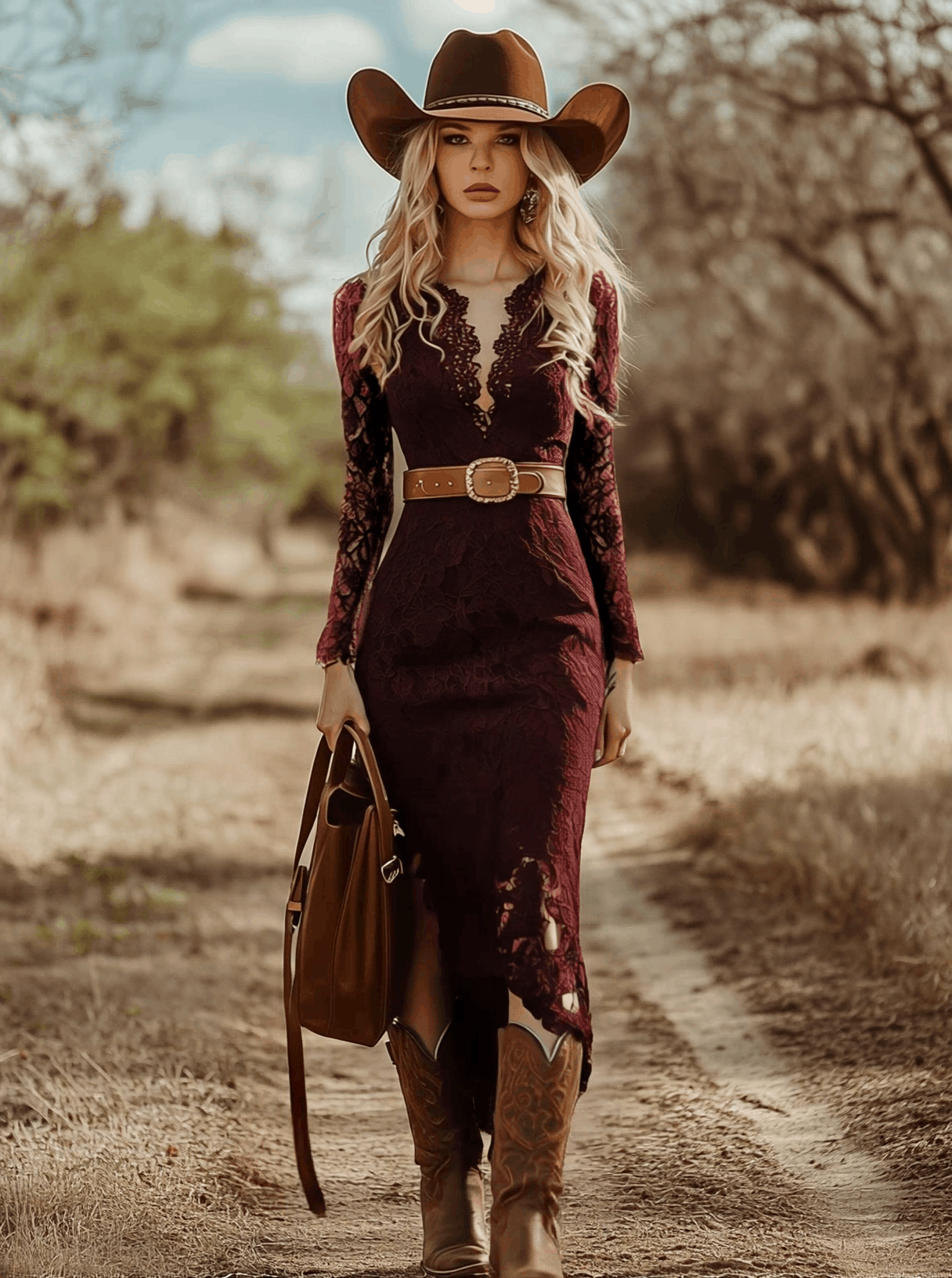 Vestido Midi Encaje Cuello V Manga Larga