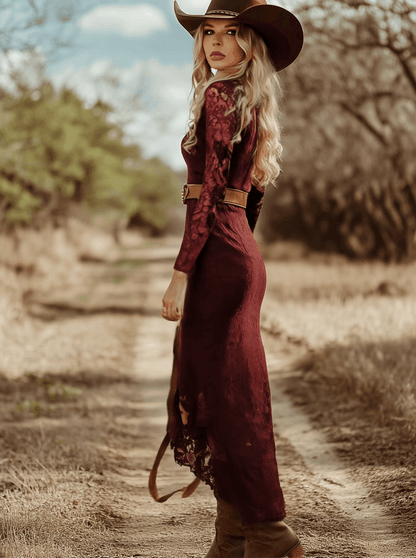Vestido Midi Encaje Cuello V Manga Larga