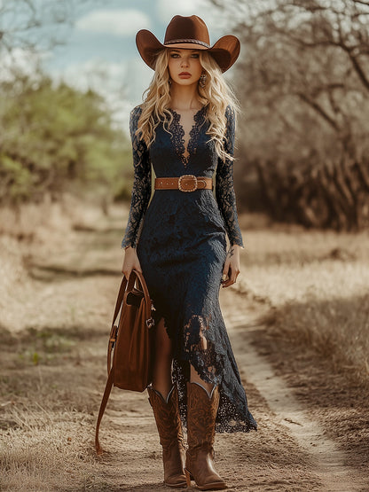 Vestido Midi Encaje Cuello V Manga Larga