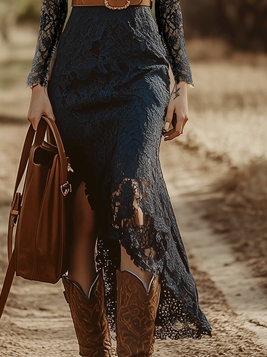 Vestido Midi Encaje Cuello V Manga Larga