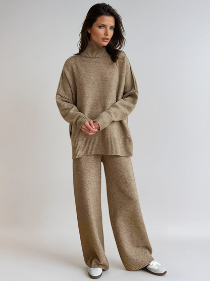 Rowan | Women's Turtleneck Wide Leg Knit Lounge Set - Camel - Image 5