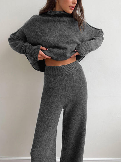 Rowan | Women's Turtleneck Wide Leg Knit Lounge Set - Camel - Image 10