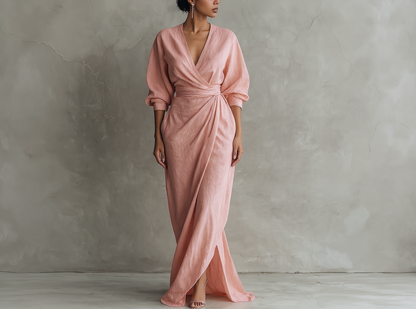 Vestido Maxi Rosa con Escote en V de Lino