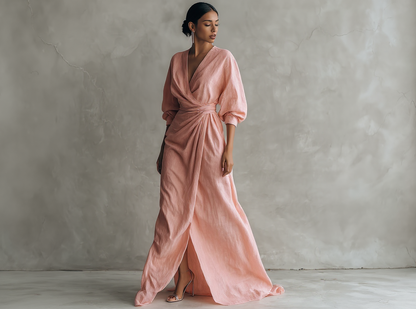 Vestido Maxi Rosa con Escote en V de Lino